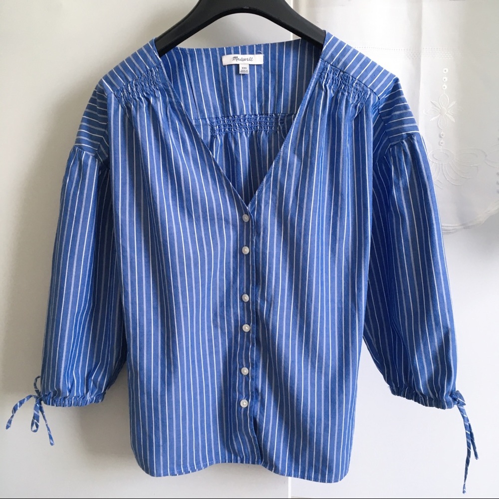 Madewell Morningview Stripe Tie Sleeve Shirt XXS blue (*like Sezane !)